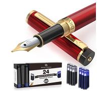 Dryden Designs Stylo plume de calligraphie à pointe moyenne | 12 noirs et 12 bleus avec convertisseur de recharge d'encre | Pas de fuite, débit fluide, écriture constante | Gaucher et droitier | Rouge