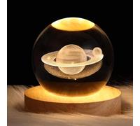 DRYFAL Veilleuse 3D en forme de boule de cristal Saturne LED pour enfants avec base en bois - Galaxie - Veilleuse - Cadeau - Décoration fantaisie de chambre