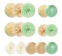 Dryxog 15 Pièces Lanterne Papier Rondes Lanterne Exterieur Boule Lumineuse Jardin Suspension Luminaire pour Mariée Décoration Mariage Fête Anniversaire Fête Jardin (Vert Pois + Blanc Cassé)