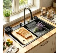 DSMRLEOP Évier de cuisine noir - 80 x 50 cm - 1 bac - Évier de cuisine multifonction - Évier cascade avec robinet haute pression extensible - Kit d'accessoires complet pour le lieu de travail