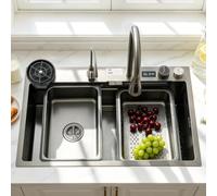 DSMRLEOP Évier de cuisine rectangulaire en acier inoxydable, noir, cascade, 85x50 cm, 1 bac, siphon, trop-plein, bonde, multifonction, moderne, kit d'accessoires (noir)