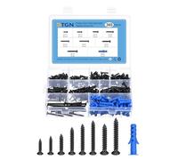 DTGN 320Pcs Kit De Vis À Bois Noires Assorties - 8 Tailles Vis À Métaux Acier Carbone M3 M4 M5 Tête Plate Phillips Auto-Taraudeuses Avec 40Pcs Chevilles D'Expansion