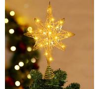DTYDECLE Cimier de sapin de Noël lumineux - 34,8 cm - Doré pailleté - Étoile creuse - Avec 20 lumières LED - Décoration d'intérieur pour sapin de Noël, Nouvel An