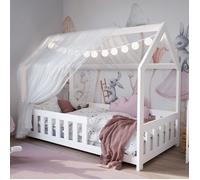 DUBI - Lit cabane pour enfant 80 x 160 cm blanc avec sommier, barrières et matelas