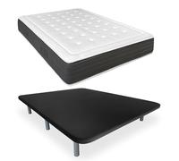 DUÉRMETE ONLINE Base tapissée 3D renforcée Anti Bruit avec 5 Barres de Renfort + Matelas viscoélastique Bio Nature + 6 Pieds métalliques filetés de 27 cm | 90 x 190 cm, Noir