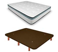 Duérmete Online Base tapissée 3D renforcée Anti-Bruit + Matelas viscoélastique Bio Max Pieds en Bois Couleur Cerisier, Chocolat, 90 x 200 cm