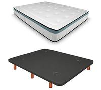 Duérmete Online Base tapissée 3D renforcée Anti-Bruit + Matelas viscoélastique Bio Max Pieds en Bois Couleur Cerisier, Gris, 90 x 200 cm