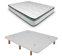 Duérmete Online Base tapissée 3D renforcée Anti-Bruit + Matelas viscoélastique Bio Max Pieds en Bois Couleur Cerisier, Blanc, 90 x 190 cm