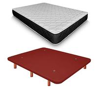 Duérmete Online Base tapissée 3D renforcée Anti-Bruit + Matelas viscoélastique Pocket Visco Pieds en Bois Couleur Cerisier, Rouge, 135 x 190 cm