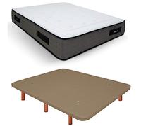 Duérmete Online Base tapissée 3D renforcée Anti-Bruit + Matelas viscoélastique Visco Premium Pieds en Bois Couleur Cerisier, Beige, 90 x 200 cm