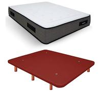 Duérmete Online Base tapissée 3D renforcée Anti-Bruit + Matelas viscoélastique Visco Premium Pieds en Bois Couleur Cerisier, Rouge, 135 x 190 cm
