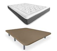 DUÉRMETE ONLINE Pack de Base tapissée 3D renforcée Anti-Bruit avec 5 Barres de Renfort - Matelas à mémoire de Forme Bio Nature 6 Pieds métalliques filetés de 27 cm, 90 x 190, Beige