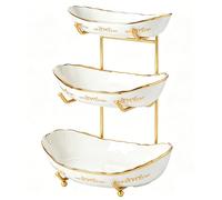 DUJUST Bol à Fruits 3 Niveaux, Présentoir à Fruits en Céramique Luxe avec Volutes Dorées, Empilable & Facile à Ranger, Plateau Multifonction pour Fruits/Légumes/Snacks - Blanc et Or