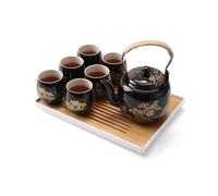 DUJUST Magnifique Service à Thé Japonais, en Porcelaine Noire avec 1 Théière, 6 Tasses, 1 Plateau, 1 Infuseur, Asiatique pour Amateur de Thé (Campagne Dorée)
