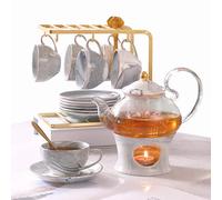 Dujust Petit Tea Ensemble pour adultes, Texture en marbre et garniture dorée, Set de thé en porcelaine grise pour enfants, 1eapot (650 ml), 6 tasses (120 ml), 6 soucoupes, 1 étagère et 1 réchauffeur