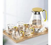 DUJUST Pichet en Verre de 2 Litres Avec 4 Tasses & Plateau en Bambou, Design Diamant Moderne, Décoration Pour le Salon, Carafe Haute Durabilité, Résistant au Chaud/Froid