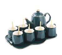 DUJUST Service à Thé 14 Pièces de 6 avec Plateau à Thé et Cuillères, Ensemble de Tasses à Thé/Café Design Diamant Moderne avec Garniture Dorée, Ensemble Théière/Thé en Oorcelaine - Vert