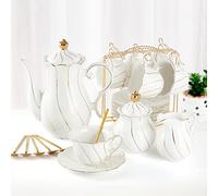 DUJUST Service à thé 22 pièces en porcelaine blanche pour 6 personnes, ensemble de tasses à thécafé de luxe de style britannique avec bordure dorée, beau service à thé pour femme, ensemble de thé,