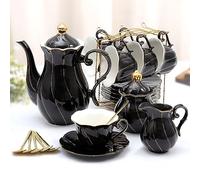 DUJUST Service à thé 22 pièces en porcelaine pour 6 personnes, ensemble de tasses à thé/café de luxe de style britannique avec bordure dorée, beau service à thé pour femme, ensemble de thé, coffret