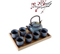 DUJUST Service à thé japonais - 8 pièces, en porcelaine avec 1 théière, 6 tasses et 1 plateau à thé, theiere unique pour adultes, bleu clair