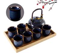 DUJUST Service à thé japonais - 8 pièces, service a the en porcelaine avec 1 théière, 6 tasses à thé et 1 plateau à thé, theiere porcelaine unique pour adultes, bleu foncé