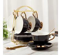 DUJUST Tasse à thé et soucoupes de 4 (220 ml), ensemble de tasses à thé de luxe avec bordure dorée, tasses à café noires avec support en métal, ensemble de thé en porcelaine britannique - Noir