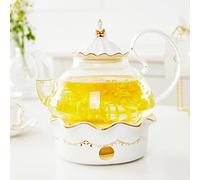 DUJUST Théière en Verre de 1200ml avec Réchaud, Décor en Relief et Bordure Dorée, Théière Résistant à la Chaleur avec Infuseur Amovible et Filtre en Acier Inoxydable, Cadeaux et Décoration Intérieure