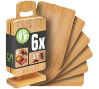 DuneDesign Lot de 6 : Petite Planche a Decouper avec Support - 22x15 Planche Aperitif Bois - Planche Petit Dejeuner Petite Planche de Bois - Planche a Charcuterie Apero - Planche Bambou
