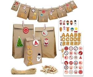 DuneDesign XXL SET AVEC NOMS : Calendrier de l'Avent DIY - 24 Sacs Cadeaux Sac en Papier 3 Tailles 100 Stickers Avent Guirlande Kraft a Remplir Soi Meme Enfant marron