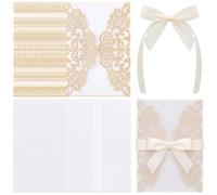 Dunzoom Lot de 60 cartes d'invitation de mariage découpées au laser avec nœud et enveloppes, 12,4 x 17,8 cm - Prépliées en papier vélin pour mariage, fête prénuptiale, fiançailles, fête d'anniversaire