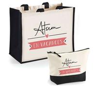Duo cabas jute et trousse Atsem en Vacances Cadeau Collègue Anniversaire Noël | Sac de courses Pochette Maquillage Shopping