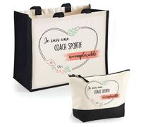 Duo cabas jute et trousse Coach Sportif Irremplaçable Cadeau Collègue Anniversaire Noël | Sac courses Pochette Maquillage Shopping