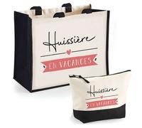 Duo cabas jute et trousse Huissière en Vacances Cadeau Collègue Anniversaire Noël | Sac de courses Pochette Maquillage Shopping