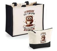 Duo cabas jute et trousse La Marraine Chouette Grain Cadeau Baptême Anniversaire Noël | Sac de courses Pochette Maquillage Shopping