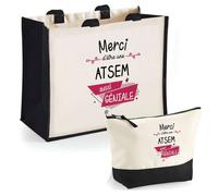 Duo cabas jute et trousse Merci Atsem Géniale Cadeau Collègue Anniversaire Noël | Sac de courses Pochette Maquillage Shopping