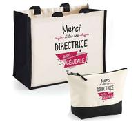 Duo cabas jute et trousse Merci Directrice Géniale Cadeau Collègue Anniversaire Noël | Sac de courses Pochette Maquillage Shopping