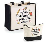 Duo cabas jute et trousse Merci Maîtresse étoiles Cadeau Collègue Anniversaire Noël | Sac de courses Pochette Maquillage Shopping