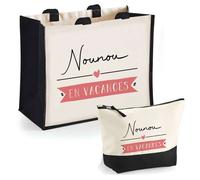 Duo cabas jute et trousse Nounou en Vacances Cadeau Collègue Anniversaire Noël | Sac de courses Pochette Maquillage Shopping