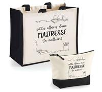 Duo cabas jute et trousse petites affaires de Maîtresse Cadeau Collègue Anniversaire Noël | Sac courses Pochette Maquillage Shopping
