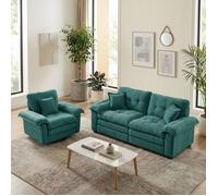 Duo canapé 2 places + fauteuil - Fauteuil pivotant - Revêtement chenille vert rétro - Assises profondes - 3 oreillers
