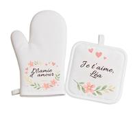 Duo Gant et Manique Personnalisés Fleurs - Cadeau Mamie Personnalisé Cuisine - Idée Cadeau Fête des Grand-Mères, Nounou, Maman - Set Gant Four et Manique avec Message au Choix
