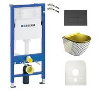 Duofix Basic élément de bâti-support + WC suspendu Sofi Slim Checked Gold sans rebord + plaque de commande Delta 25 |Bouton noir|Kit
