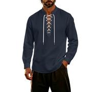 Duohropke Chemise en lin à manches longues pour homme - Chemise Henley Ghillie Kilt - Chemise médiévale - Style traditionnel rétro - Avec lacets - Chemise viking - Pirate - Renaissance, Marine 01., XL