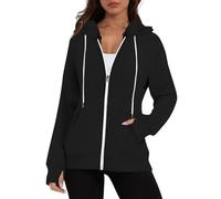 Duohropke Veste à capuche pour femme - Longue veste polaire avec trou pour le pouce - Pull à capuche à manches longues - Fermeture éclair - Sweat à capuche - Veste d'hiver mi-saison - Veste de sport