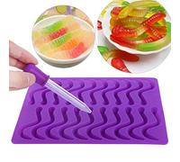 Duokon Gummy Mould 20 Compartiments Gummy Earthworm Petit Serpent Moule en Silicone pour Gâteau Bonbons au Chocolat Gummy Cake avec Pipette Violet