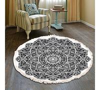 Duories Tapis rond en coton bohème vintage - Motif mandala Lavable machine Style Avec pompons Pour chambre à coucher, couloir, salon, table basse 120 cm Fleurs #26