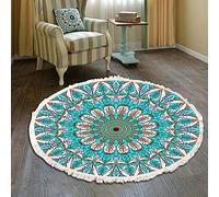 Duories Tapis rond en coton tissé à la main - Motif mandala - Style bohème vintage - Avec pompons - Lavable en machine - Pour chambre à coucher, couloir, salon, table basse - 80 cm - Fleurs #34