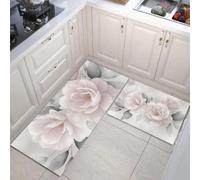 DUOTCYELE Lot De 2 Tapis De Cuisine Pivoine Rose Feuilles Antidérapants, Tapis De Sol Anti-Fatigue Fleurs À L'Aquarelle À L'Encre Légère pour Couloir, Salle à Manger Et Entrée, 40x60cm+40x120cm