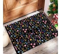 DUOTCYELE Paillasson Intérieur Fleurs Colorées Feuilles Vertes 45 x 75 cm Tapis Entree Interieur Minimaliste Moderne, Profil Bas, Antidérapant, Tapis pour Entrée, Lavable, Cuisine, Couloir, Noir