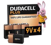 DURACELL Plus Lot de 4 piles 9 V alcalines, durée de vie garantie à 100%, idéales pour les appareils du quotidien, emballage 0% plastique, conservation 5 ans - 6LR61 MN1604